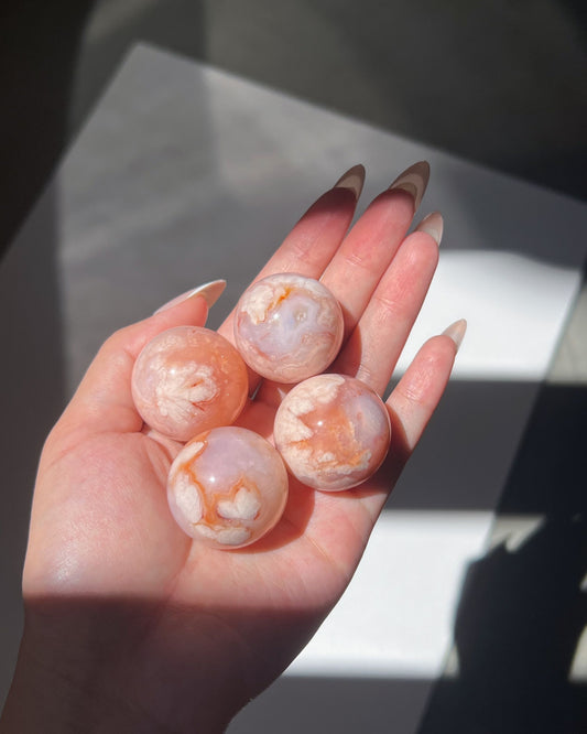 Hand holding four Carnelian Flower Agate spheres under sunlight, showcasing glowing blush tones and unique internal plumes