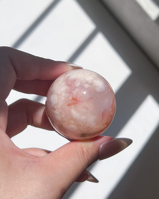 Hand holding a pale pink Carnelian Flower Agate sphere under soft daylight with visible banding and floral plume