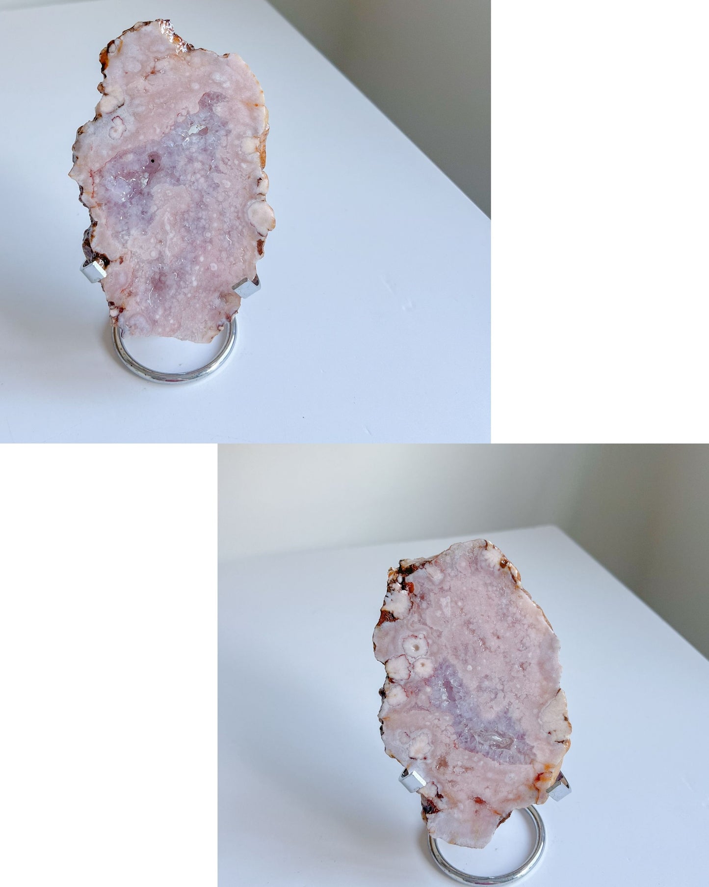 Collage showcasing different ways of crystal display for Roselle flower agate slab
