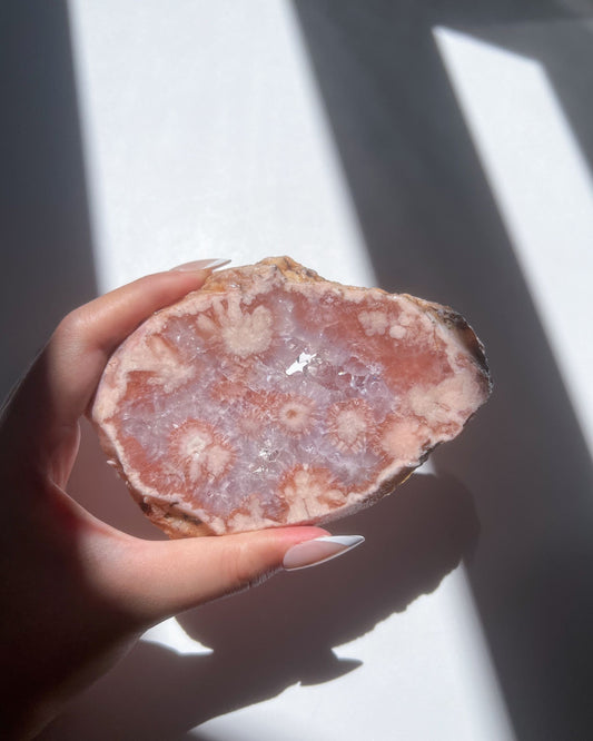 High-quality Flower Agate slab Juliette in natural light with visible flower patterns and crystalline texture