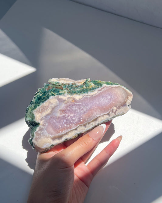 Reverse view of Eleanor with deep green rind and soft purple tones