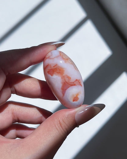 Carnelian Flower Agate bean in hand, glowing with bold orange plumes and white floral bursts, set against shadows.