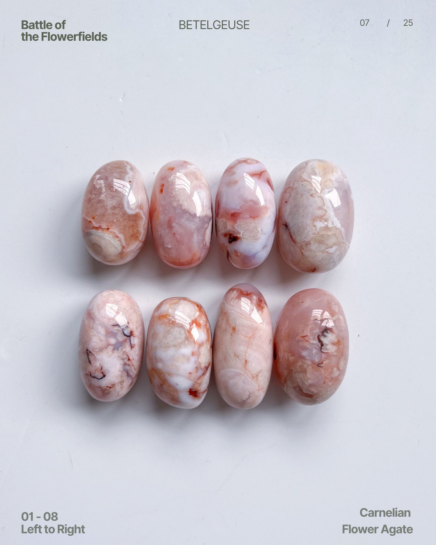 Editorial-style flat lay of flower-patterned Carnelian Agate beans, with intricate banding and gentle pink hues.