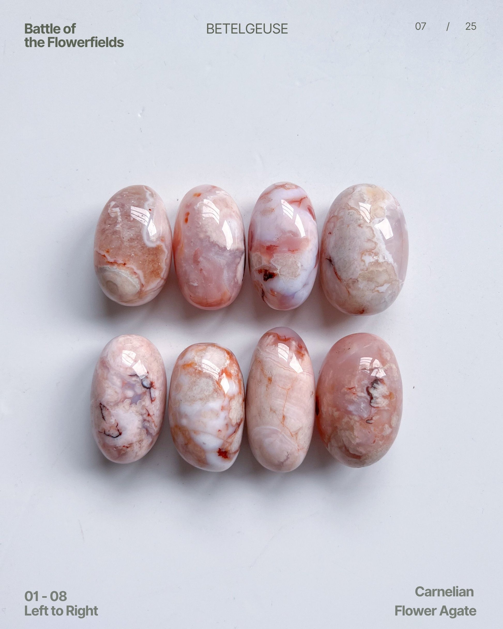 Editorial-style flat lay of flower-patterned Carnelian Agate beans, with intricate banding and gentle pink hues.