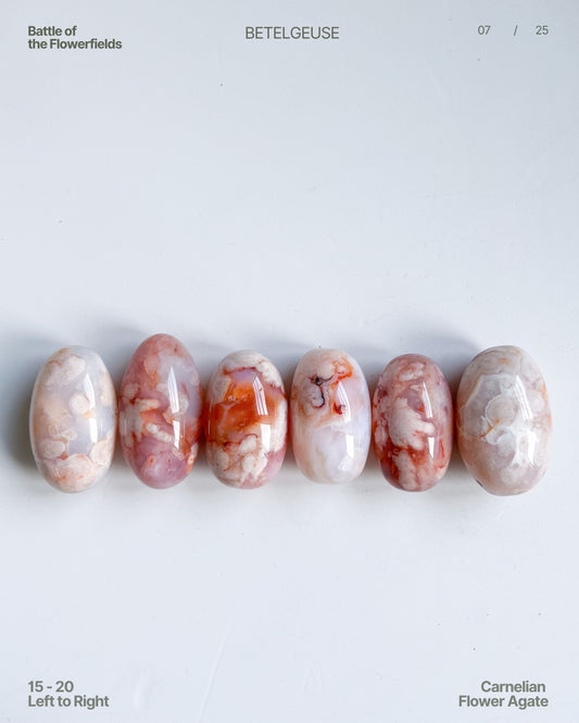 Row of Carnelian Flower Agate beans (15–20) in dreamy pastel and orange tones under daylight – left to right view