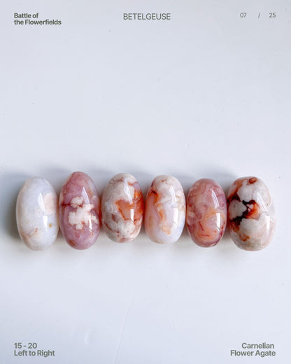 Carnelian Flower Agate tumbles lineup (15–20), showcasing vintage old-stock pieces with blue tinge and candy-like hues – left to right arrangement