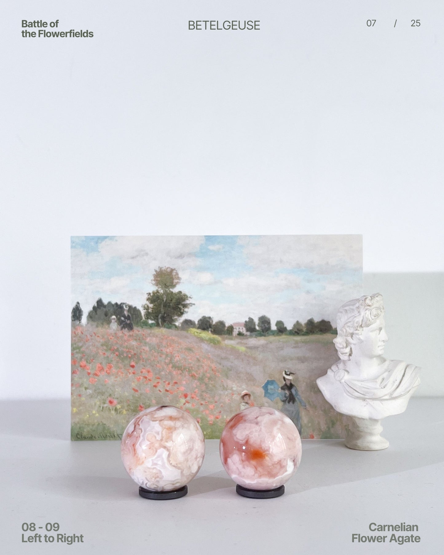 Two Carnelian Flower Agate spheres (08–09) displayed against a Monet print and a marble bust, styled in a soft editorial setting.