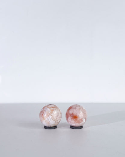 Front-facing view of Carnelian Flower Agate spheres 08–09, highlighting their bright plumes and milky patterns.