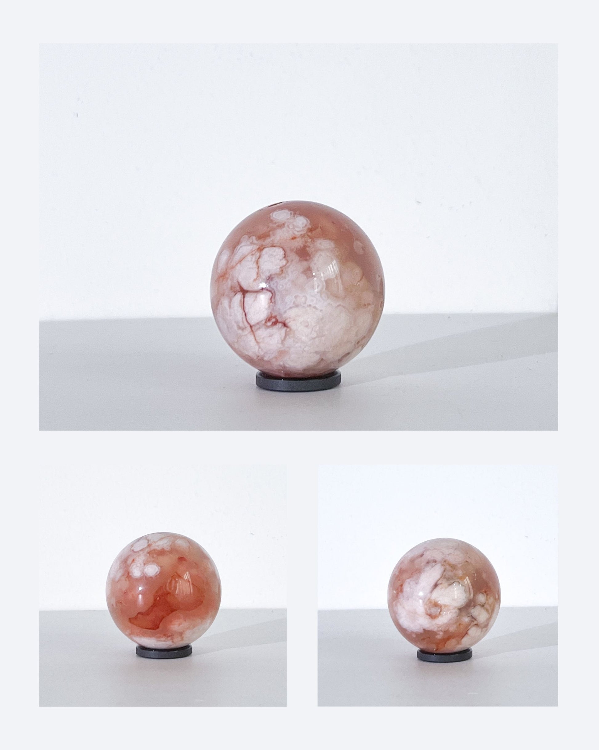 Collage of Carnelian Flower Agate Sphere 11 from multiple angles, showcasing white floral plumes, golden blush tones, and translucent textures under natural light.

