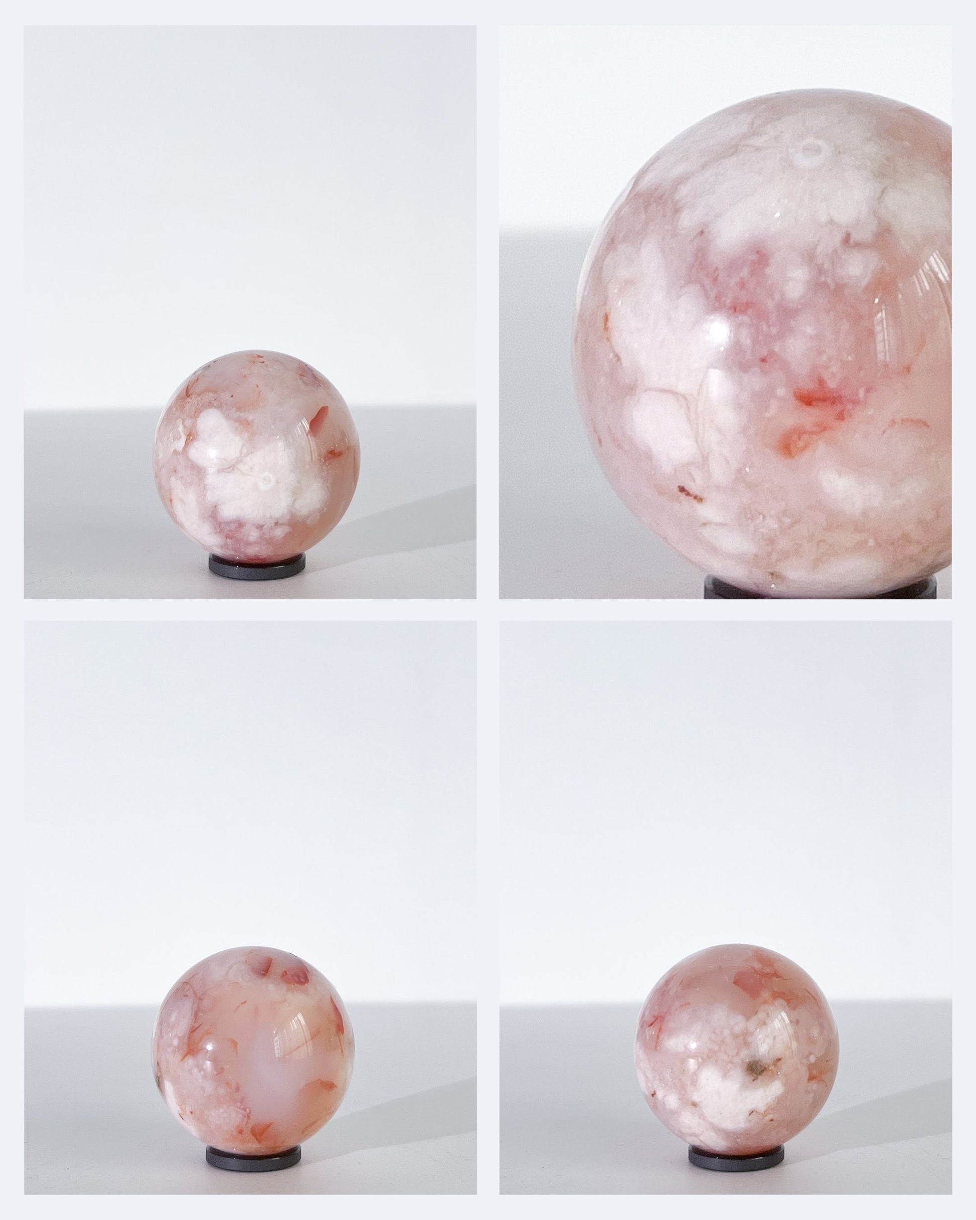 cfas-12-4: Collage of four angles of a peach-toned Carnelian Flower Agate sphere with cloud-like white inclusions