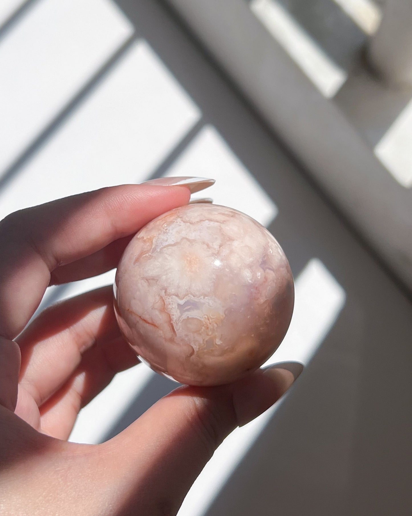 Handheld Ume sphere revealing muted peachy pinks with creamy bloom details.