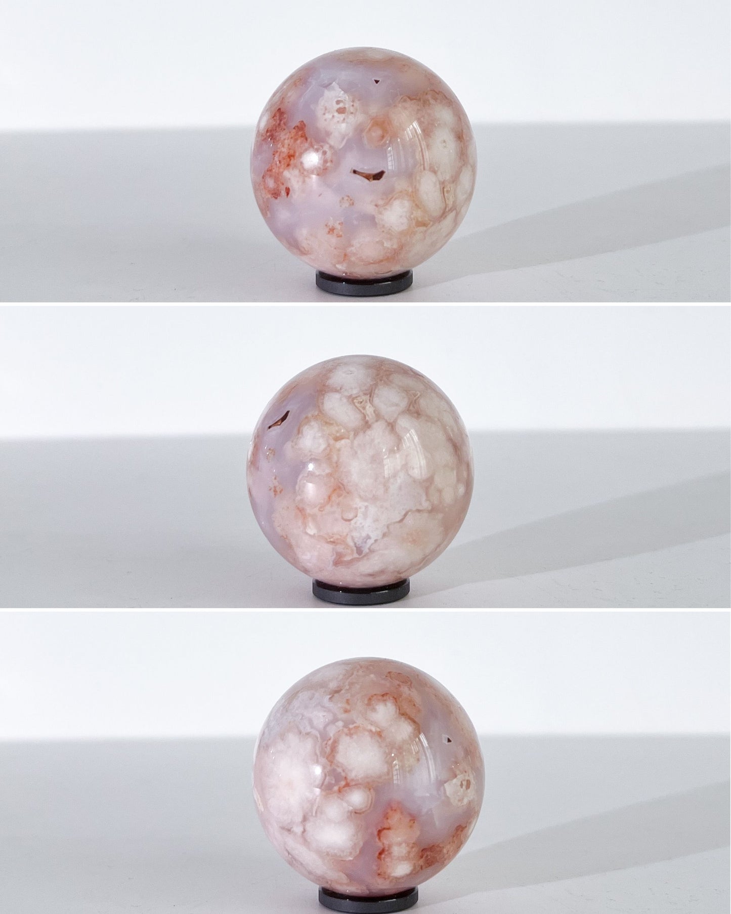 A collage of Ume Carnelian Flower Agate sphere photographed from three angles on a white backdrop.