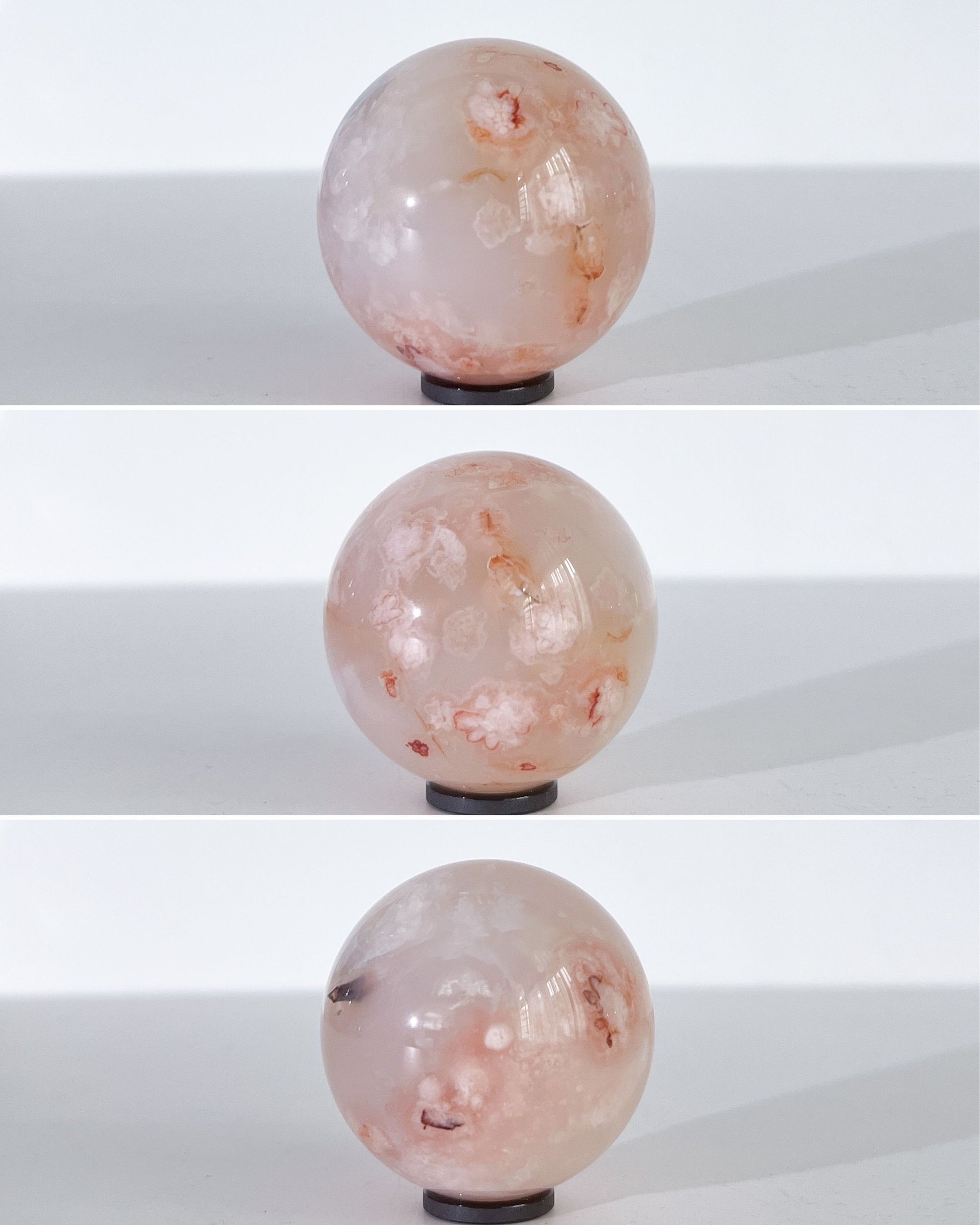 Three-angle collage of Hana Carnelian Flower Agate sphere against a white background.