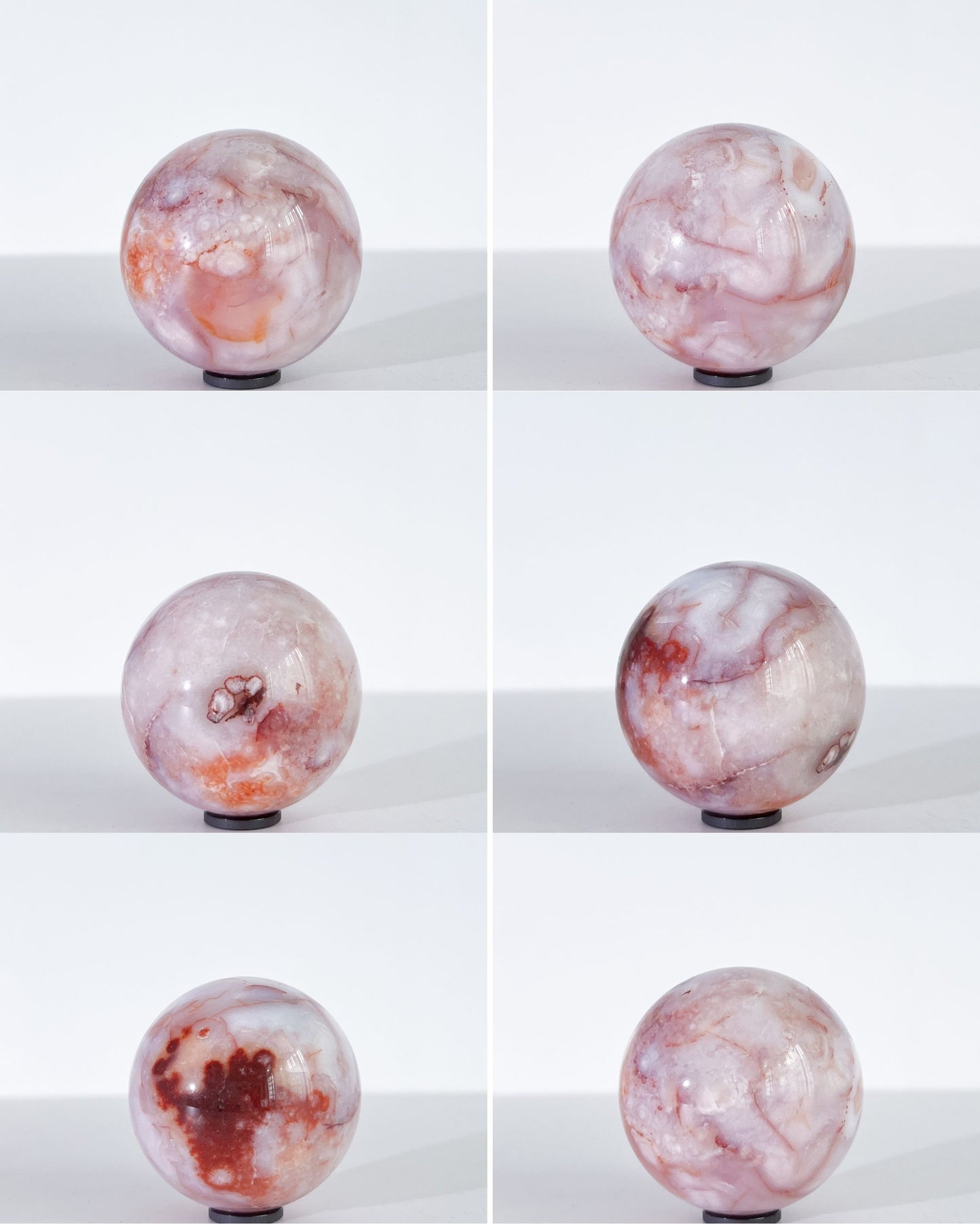 Six-angle collage of Claude Carnelian Flower Agate with contrasting sides, photographed against white backdrop.