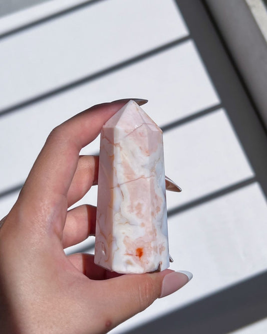 Carnelian Flower Agate tower showing side profile with pink and yellow colorway
