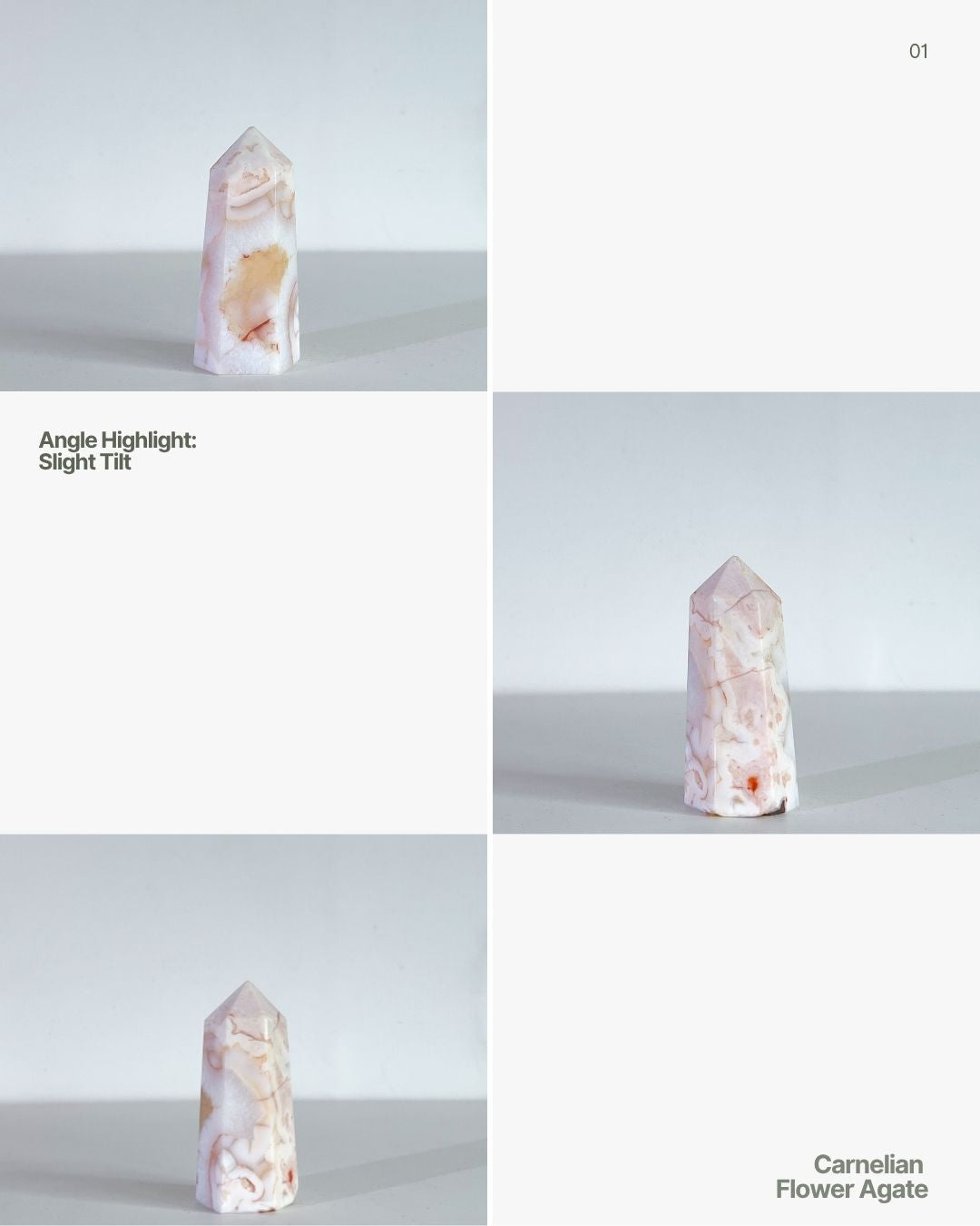 Editorial collage layout featuring the tilted angle of the Carnelian Flower Agate tower