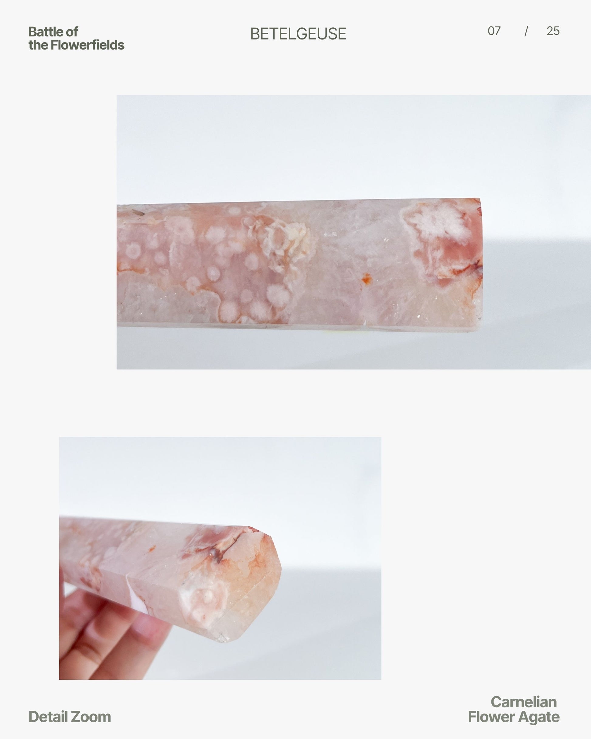 Website-style layout showing detail shots of the Carnelian Flower Agate tower