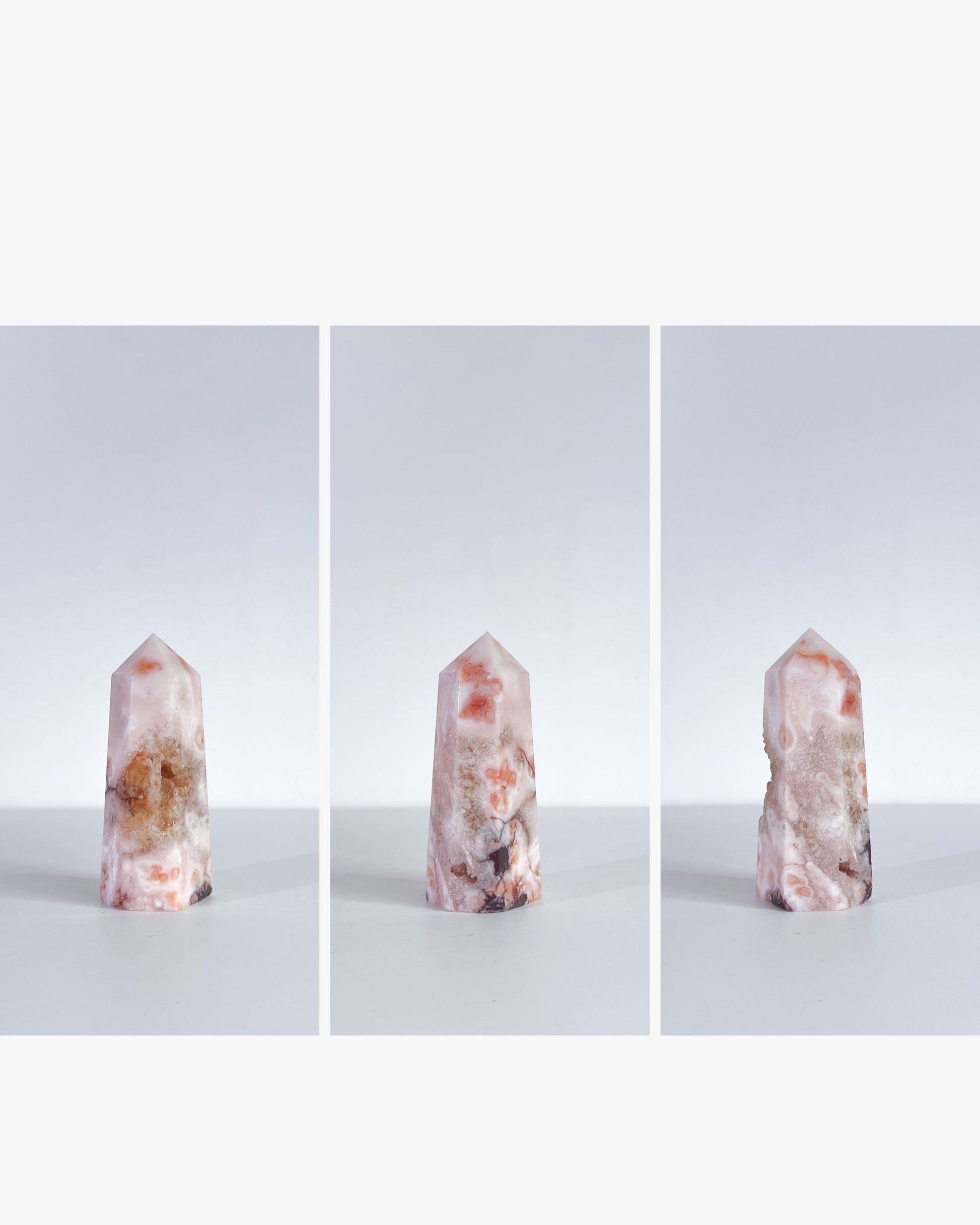 Horizontal collage layout of the same Carnelian Flower Agate tower in different angles