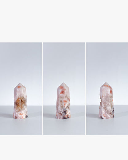 Horizontal collage layout of the same Carnelian Flower Agate tower in different angles