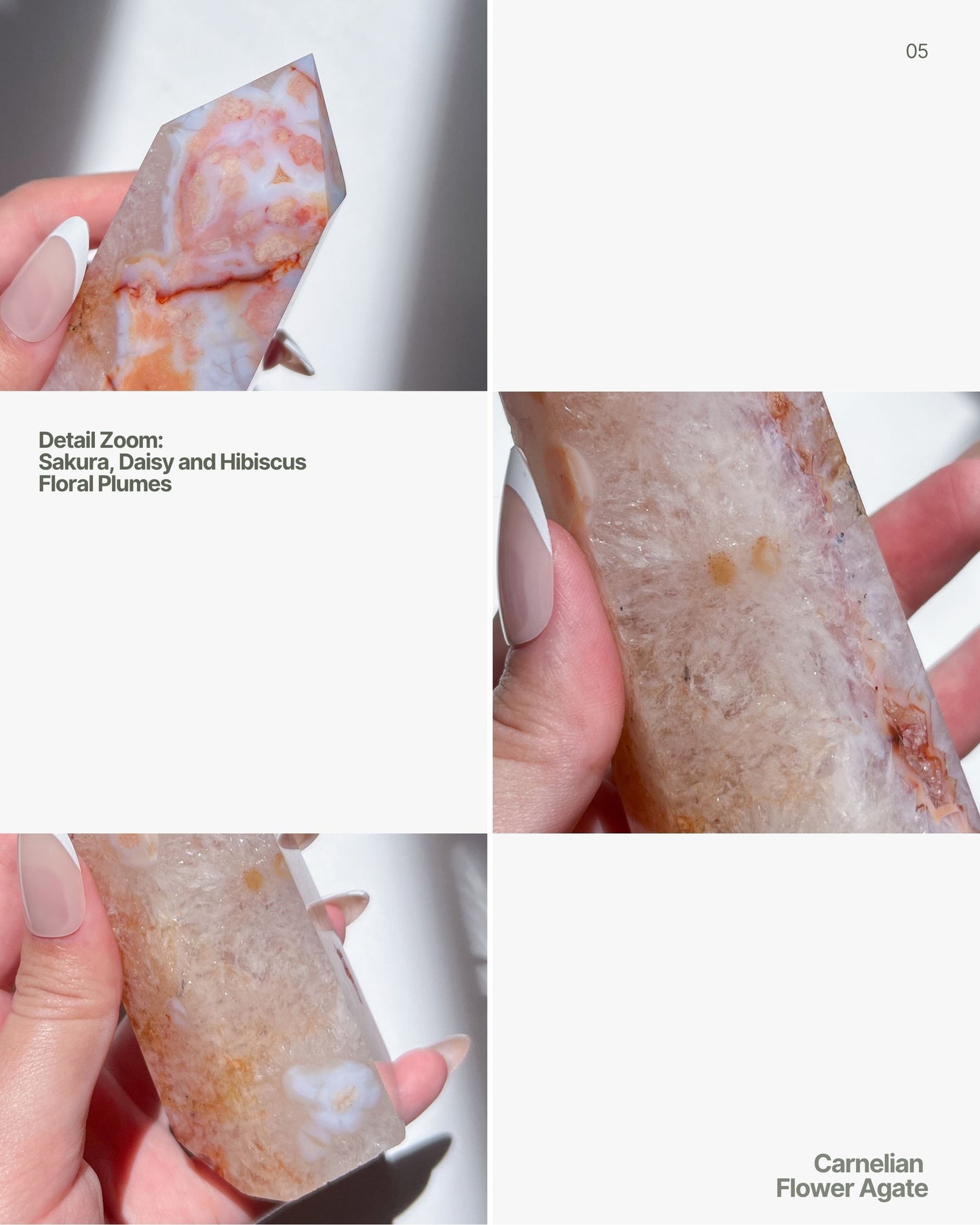 Website mockup showing editorial layout and up-close crystal texture