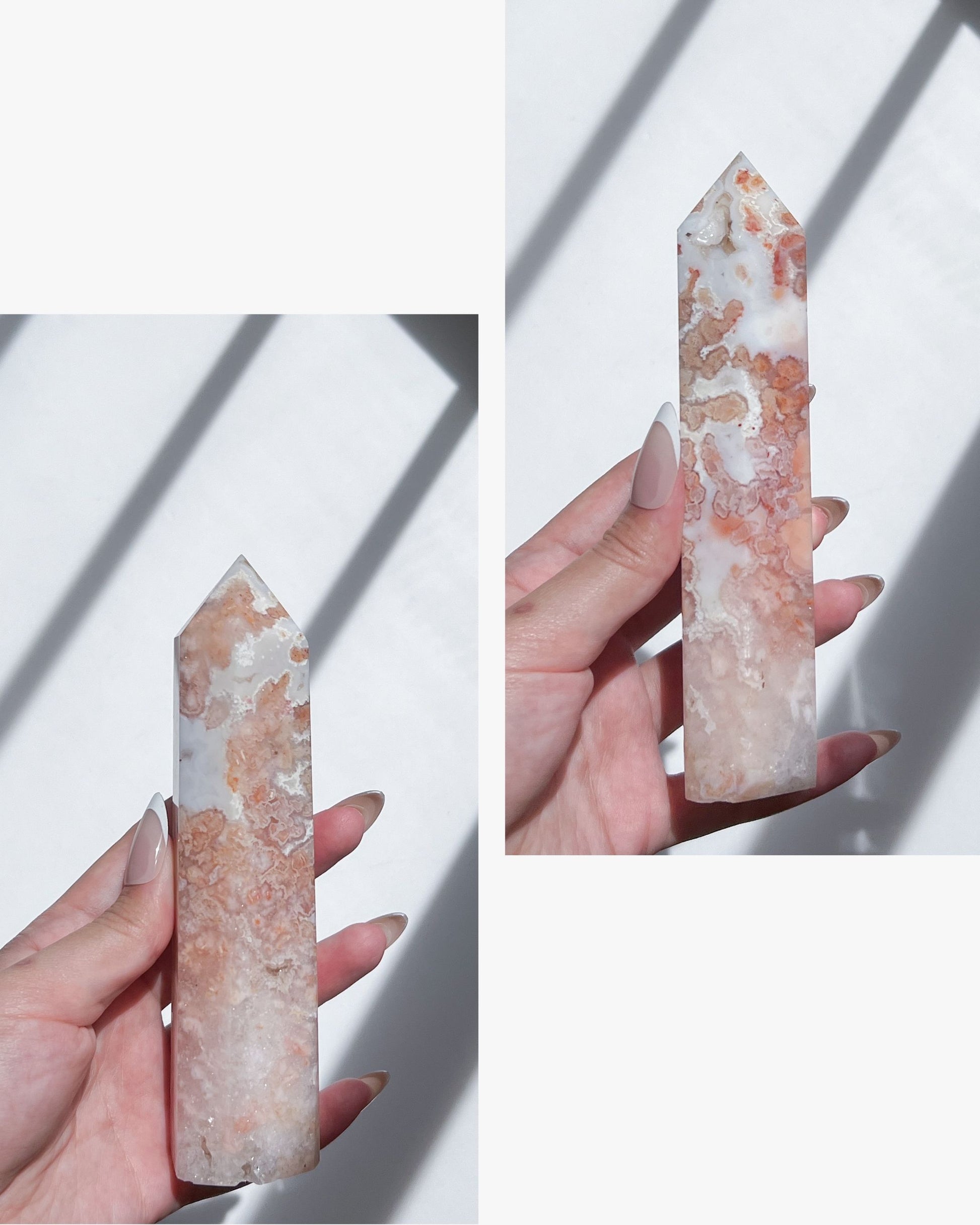 Double view of the tower with a narrow tip and faded blush florals layered throughout.