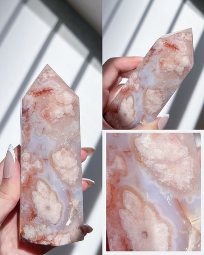 Collage of a pink and white flower agate crystal held by a hand with a white background.