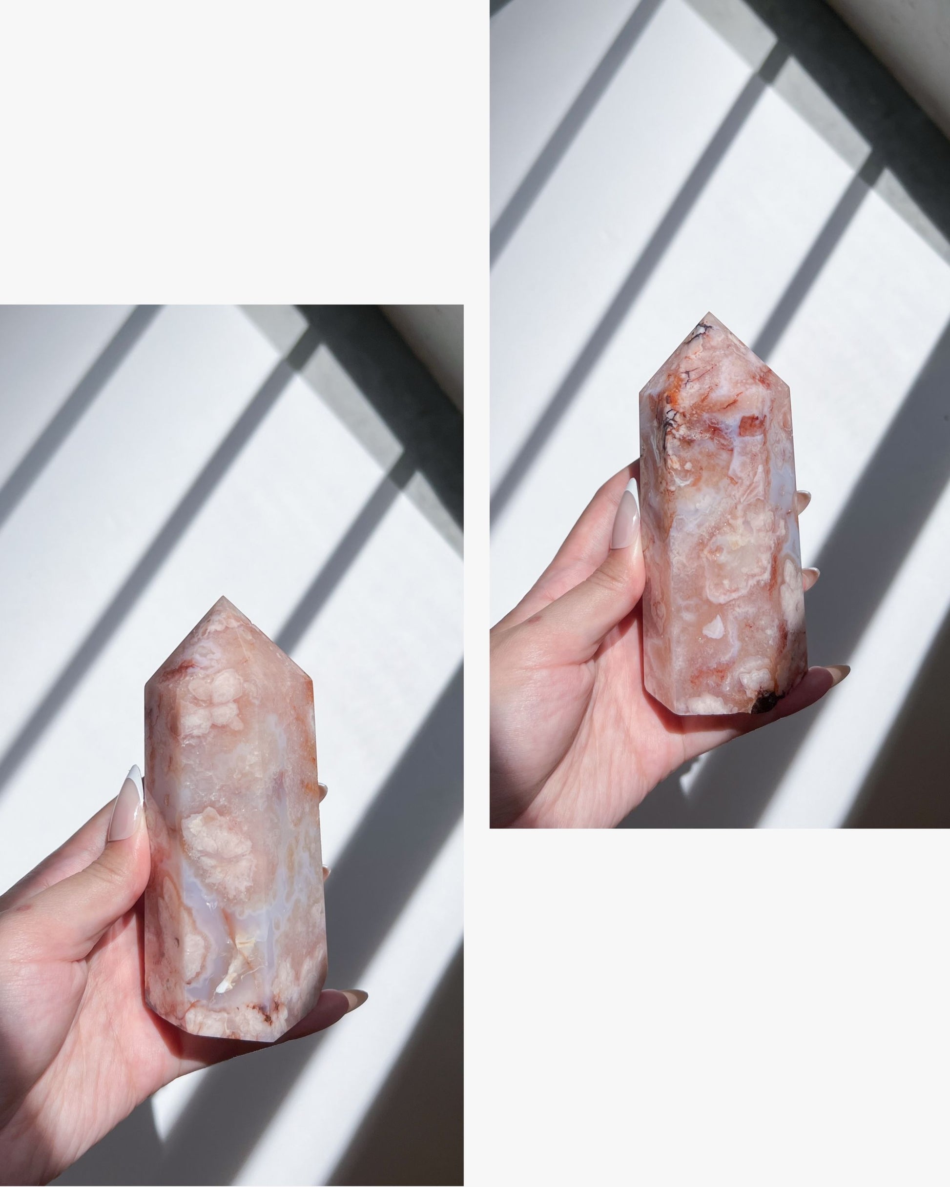 Crystal tower held in a hand with sunlight casting shadows on a white surface