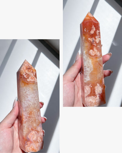 Side-by-side views of Saffron's intricate banding, floral inclusions, and warm translucent hues