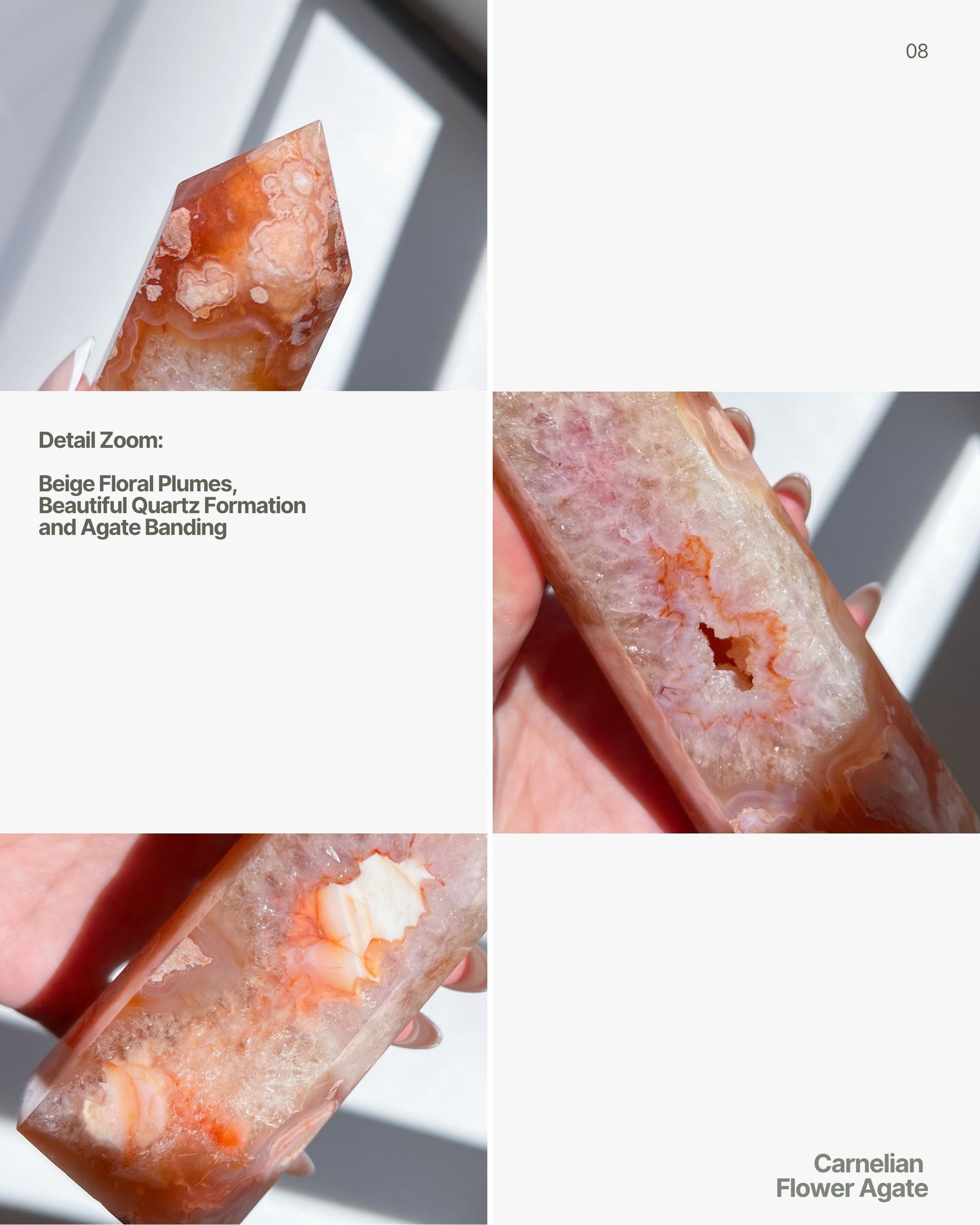 Detail shots of Saffron's soft quartz textures and glowing orange flower-like formations