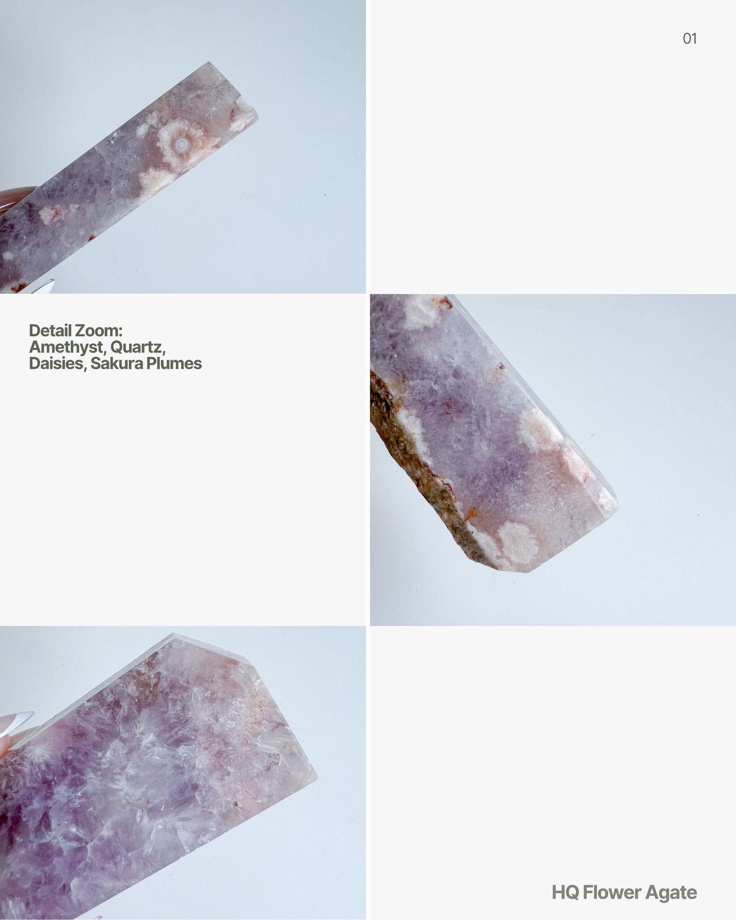 Close-up of a purple crystal with text indicating 'Detail Zoom: Amethyst, Quartz, Daisies, Sakura Plumes' and 'HQ Flower Agate'.