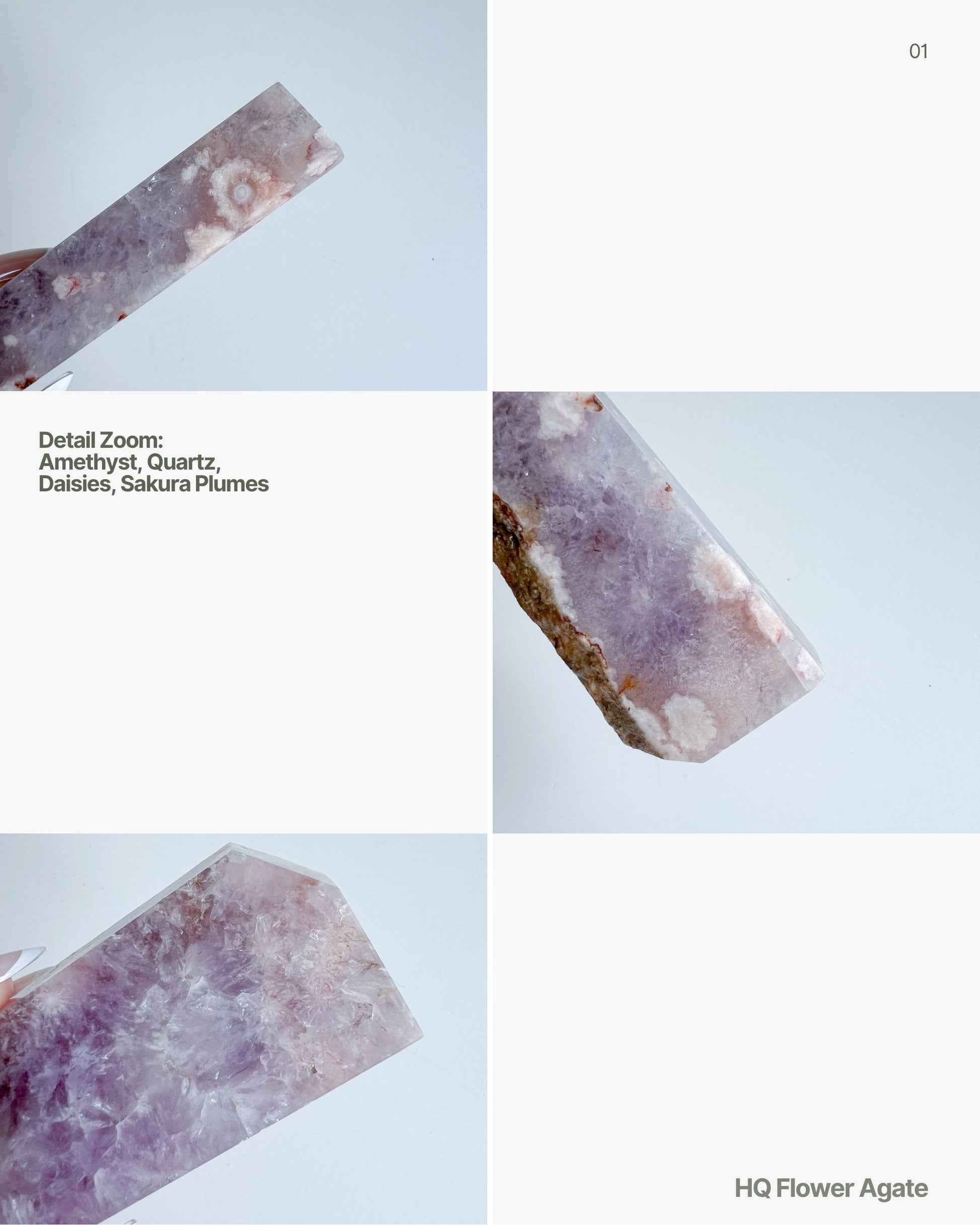 Close-up of a purple crystal with text indicating 'Detail Zoom: Amethyst, Quartz, Daisies, Sakura Plumes' and 'HQ Flower Agate'.