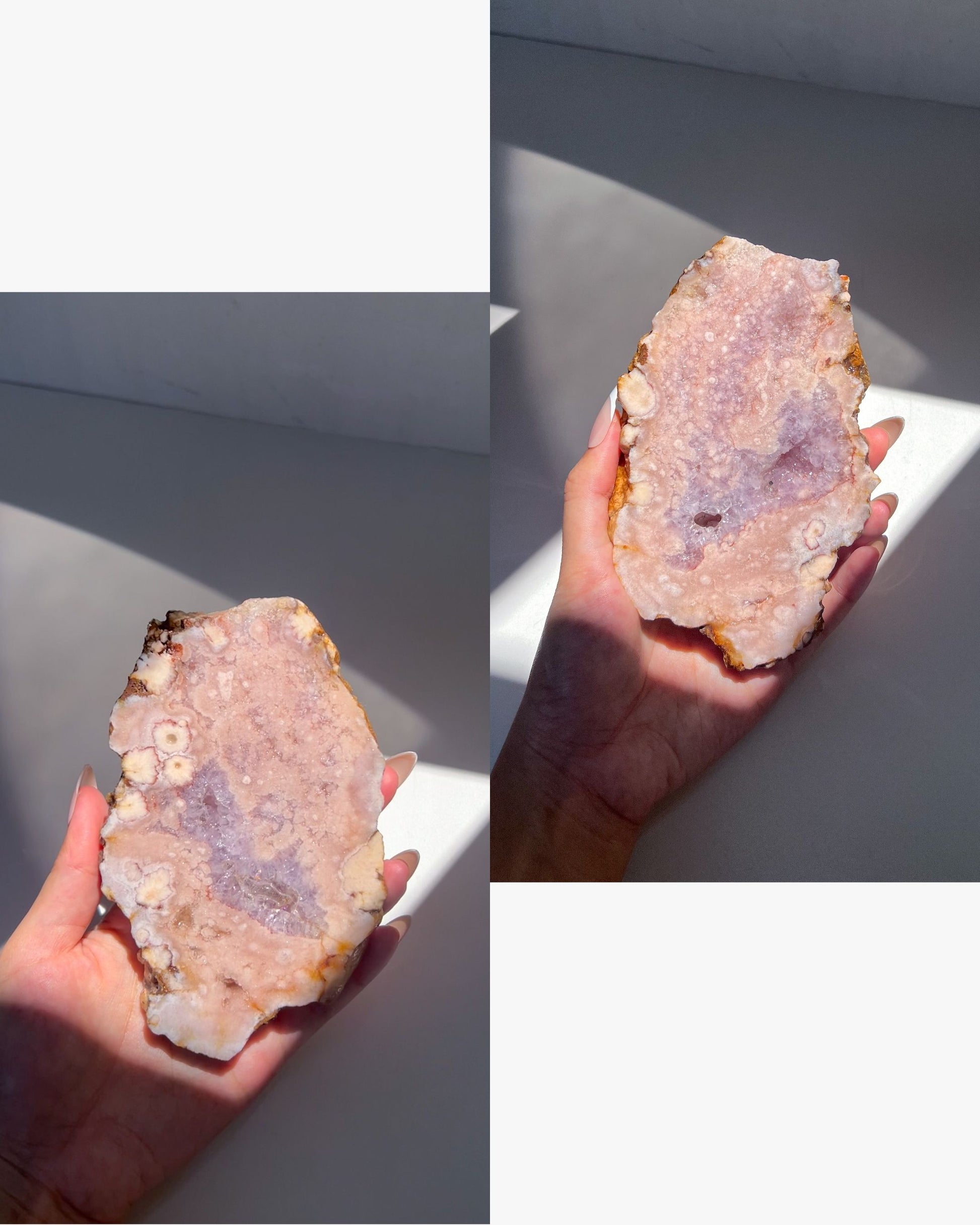 Amethyst flower agate held in a hand with sunlight casting shadows on a neutral background