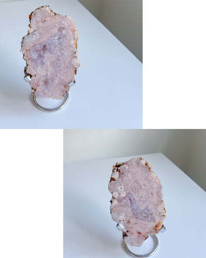 Collage showcasing different ways of crystal display for Roselle flower agate slab 