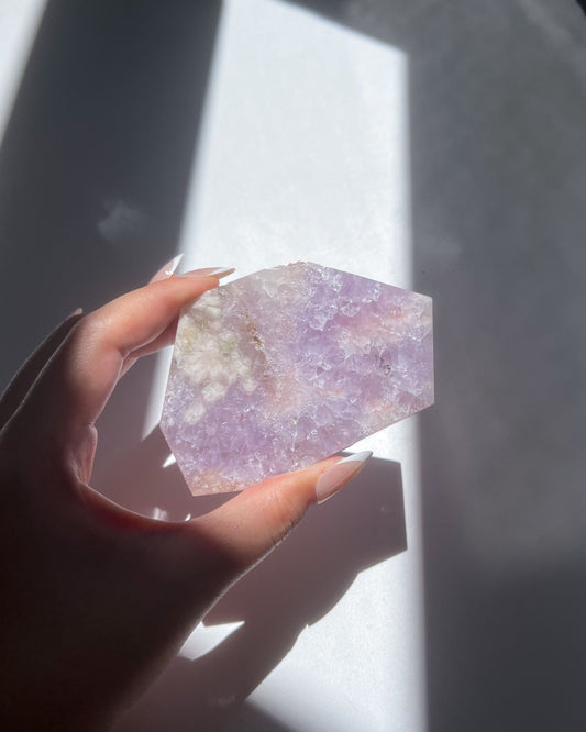 Hand holding Faye Flower Agate slab under dramatic sunlight and shadows