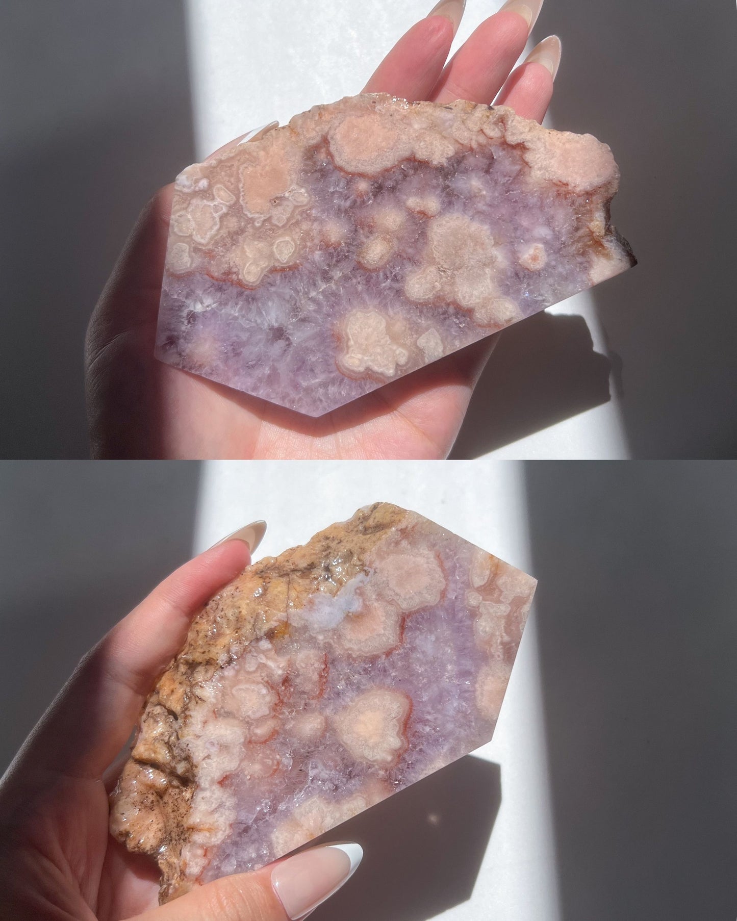 Top and bottom views of Naomi slab under natural lighting, front and reverse textures visible