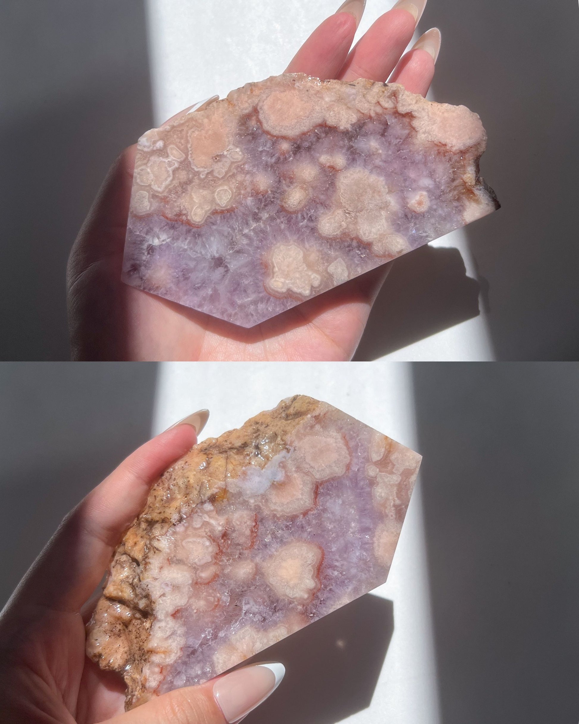 Top and bottom views of Naomi slab under natural lighting, front and reverse textures visible