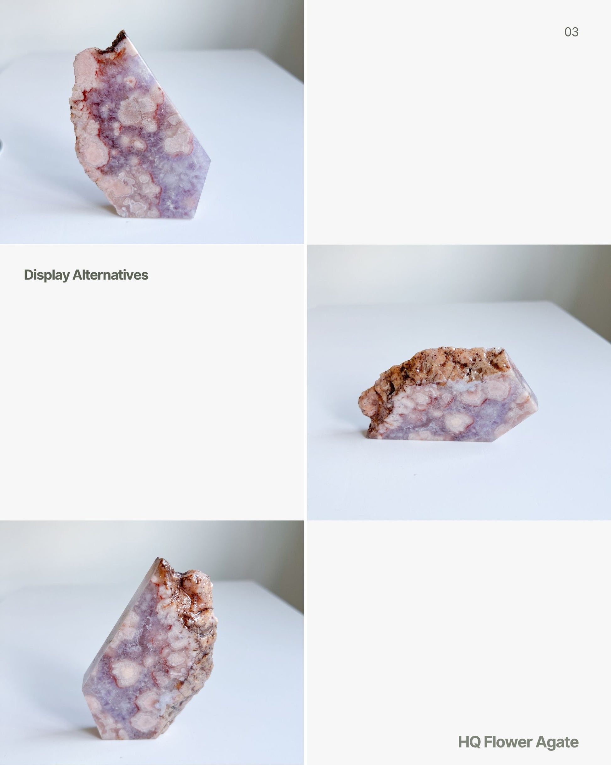 Editorial collage of Naomi Flower Agate from different display angles