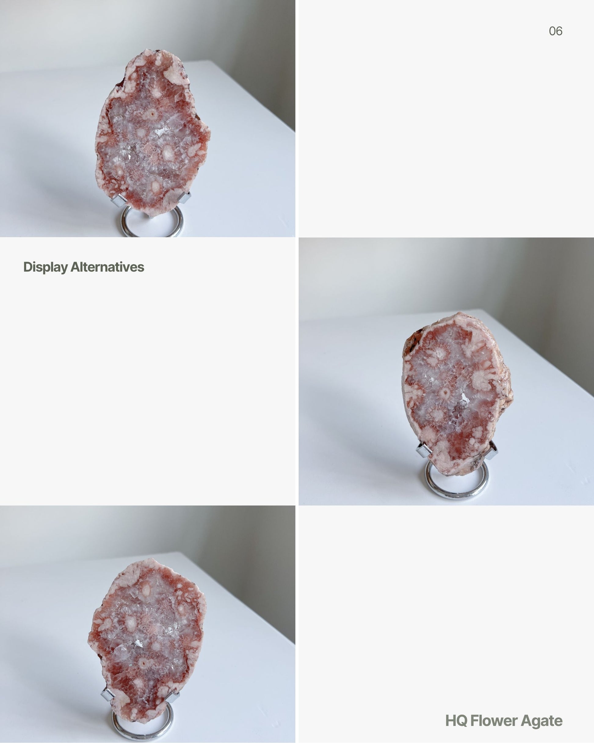 Layout spread with multiple angles of Juliette Flower Agate displayed on stand