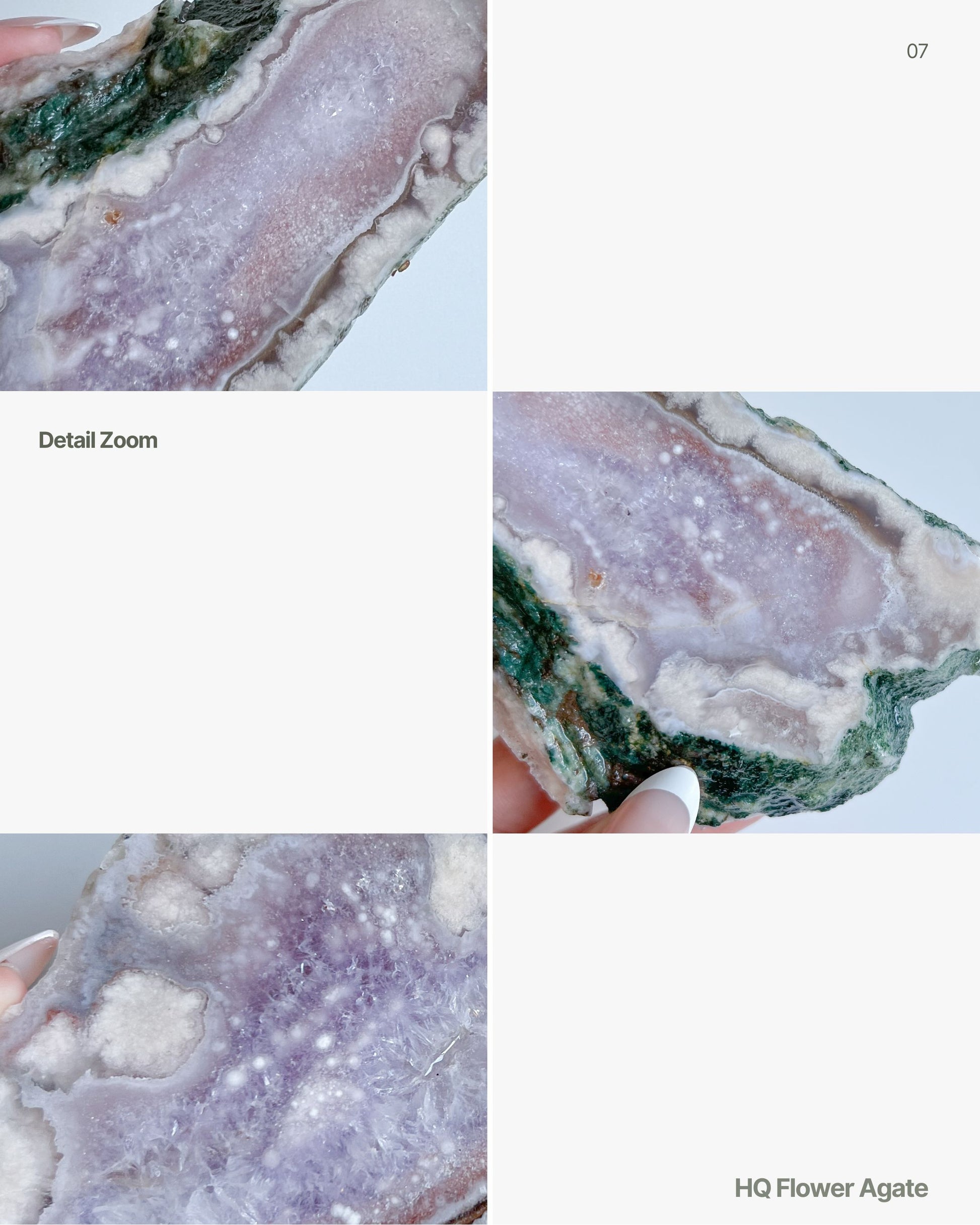 Detail collage showing Eleanor’s textures, banding, and druzy formations