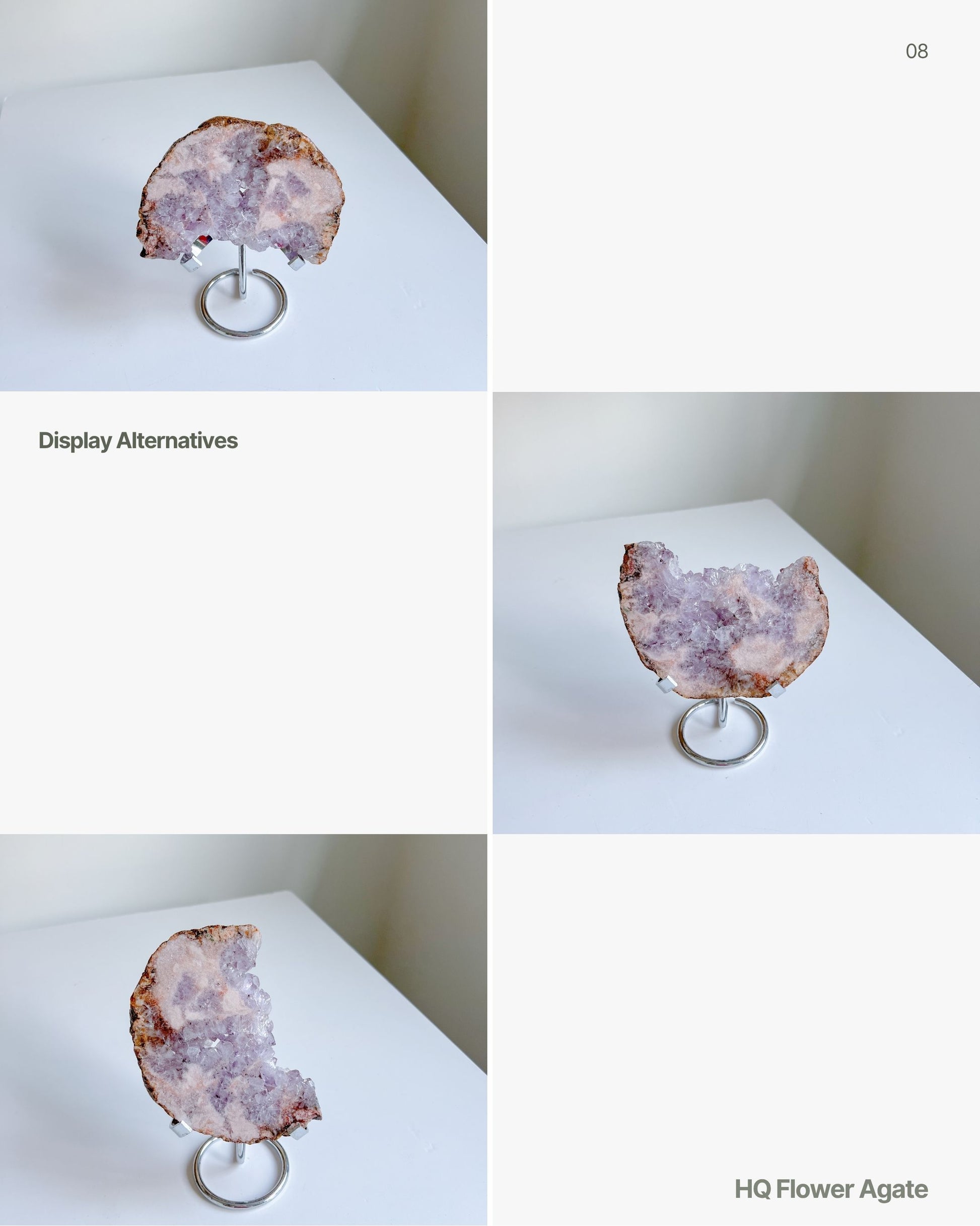 Three display options of Luna Flower Agate on stand, viewed from different angles