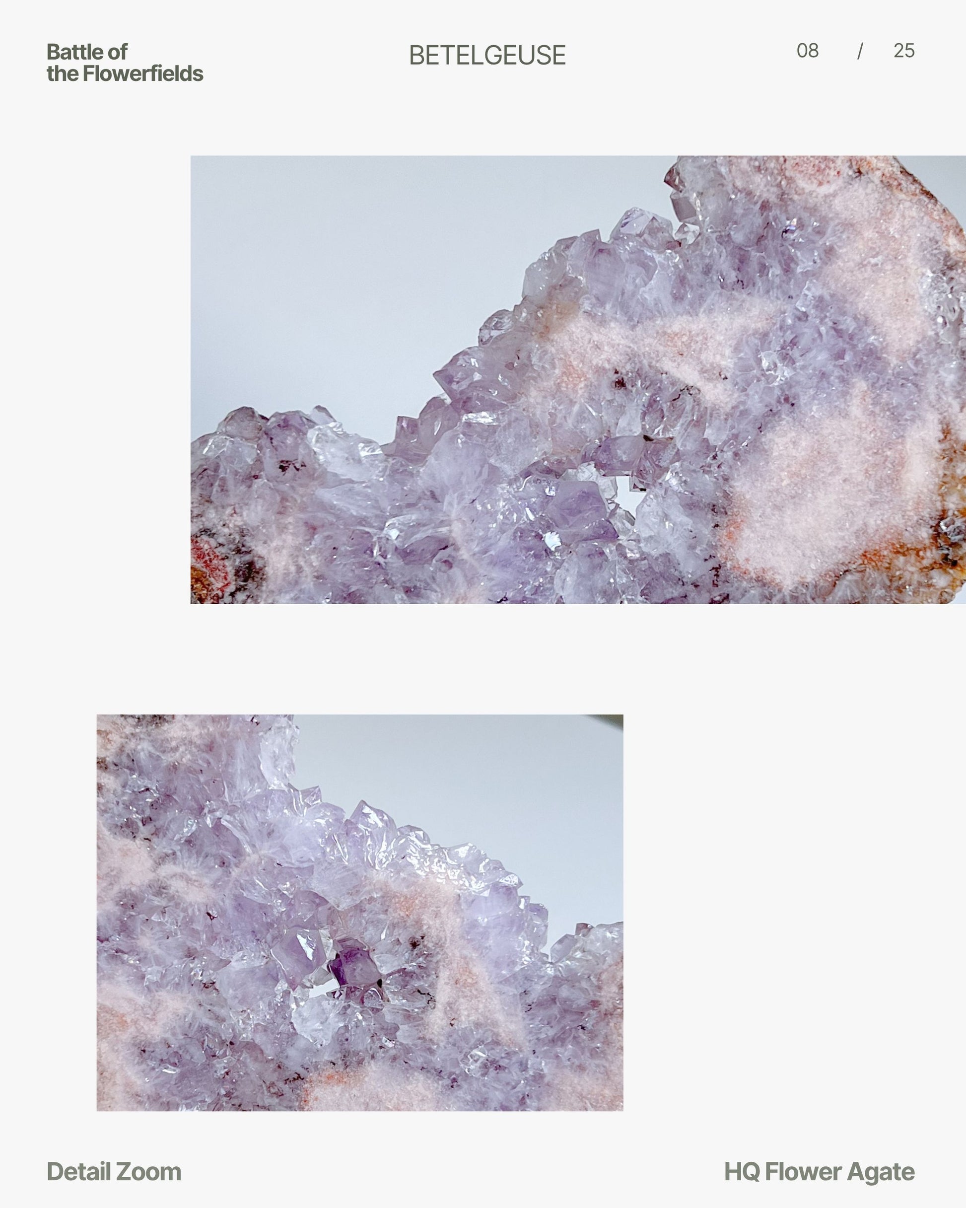Close-up showing Luna’s sparkling crystal clusters and pale lilac points