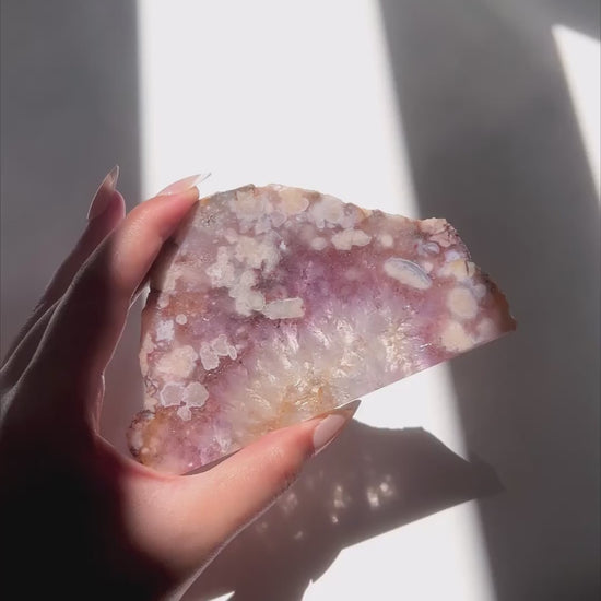 Video of Hand holding Avery Flower Agate slab under sunlight