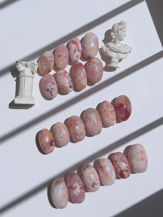 Video compilation of six Carnelian Flower Agate tumbles (No. 9–14), showcasing dreamy pastel hues, floral plumes, and translucent banding under natural sunlight.