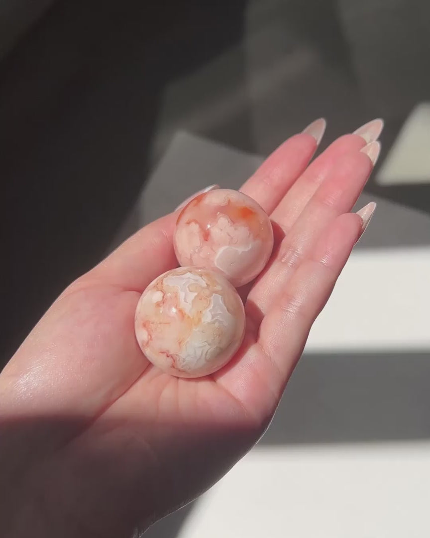 Compilation of Carnelian Flower Agate Spheres 8 to 9 in sunlight.