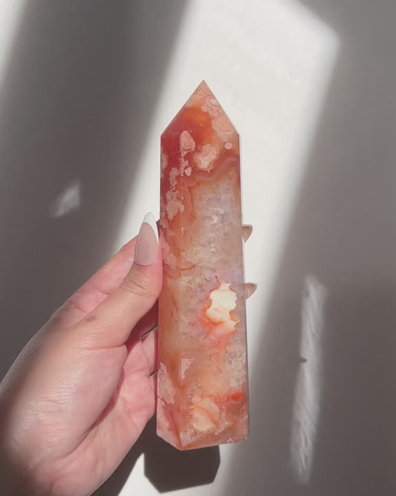 Video of hand holding a Carnelian Flower Agate tower, showing dense white crystal core with surrounding petal-like inclusions