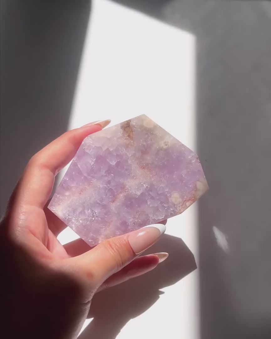 Video of Hand holding Faye Flower Agate slab under sunlight and natural daylight
