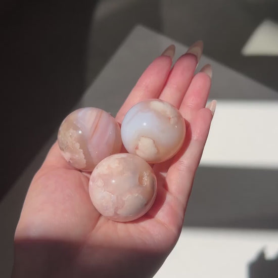 Compilation of Carnelian Flower Agate Spheres 5 to 7 in sunlight.