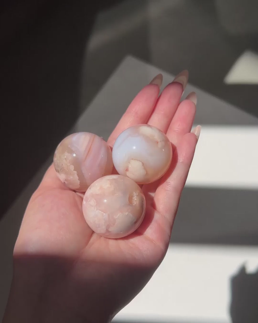 Compilation of Carnelian Flower Agate Spheres 5 to 7 in sunlight.