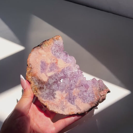 Video of Hand holding Luna Flower Agate slab under sunlight and natural daylight